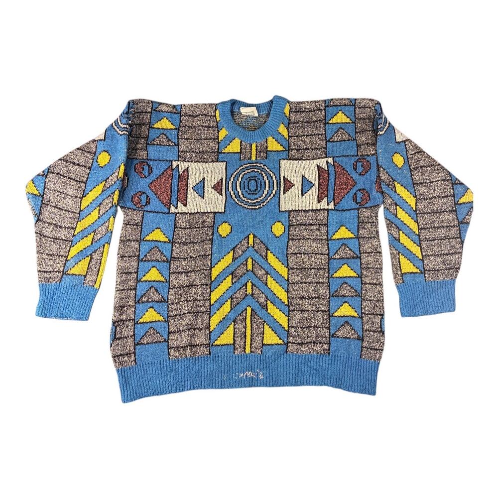 Vintage Samurang Italian Geometric Knit Sweater Blue Yellow Abstract Pullover